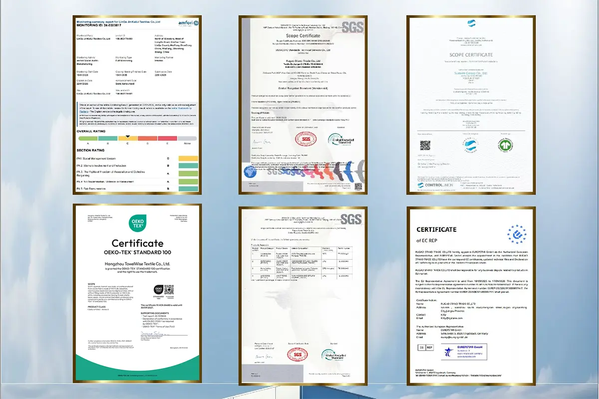 Six framed certification and compliance documents displayed in two rows.