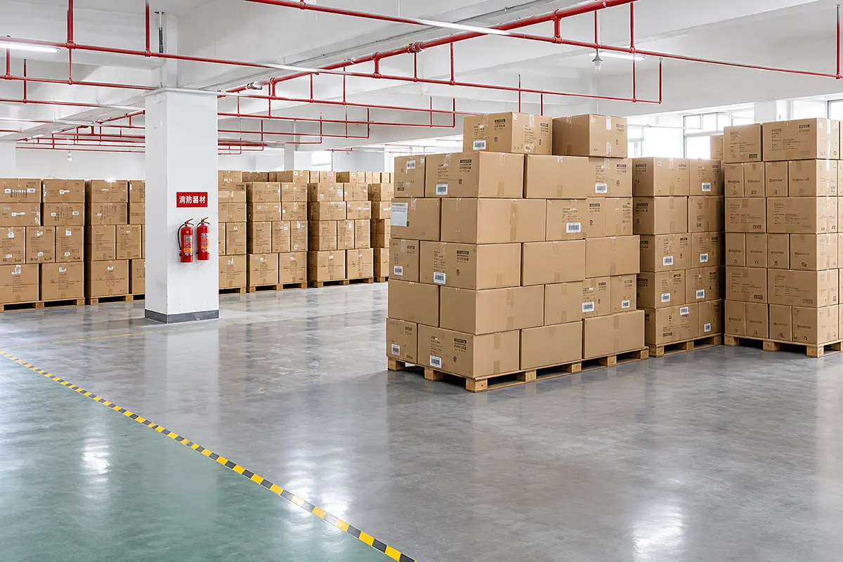 Packed cartons stacked on pallets beside clear warehouse aisles