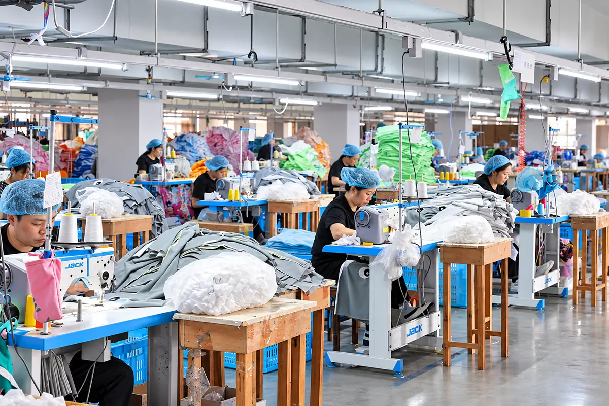 Workers sewing towel pieces at rows of sewing machines