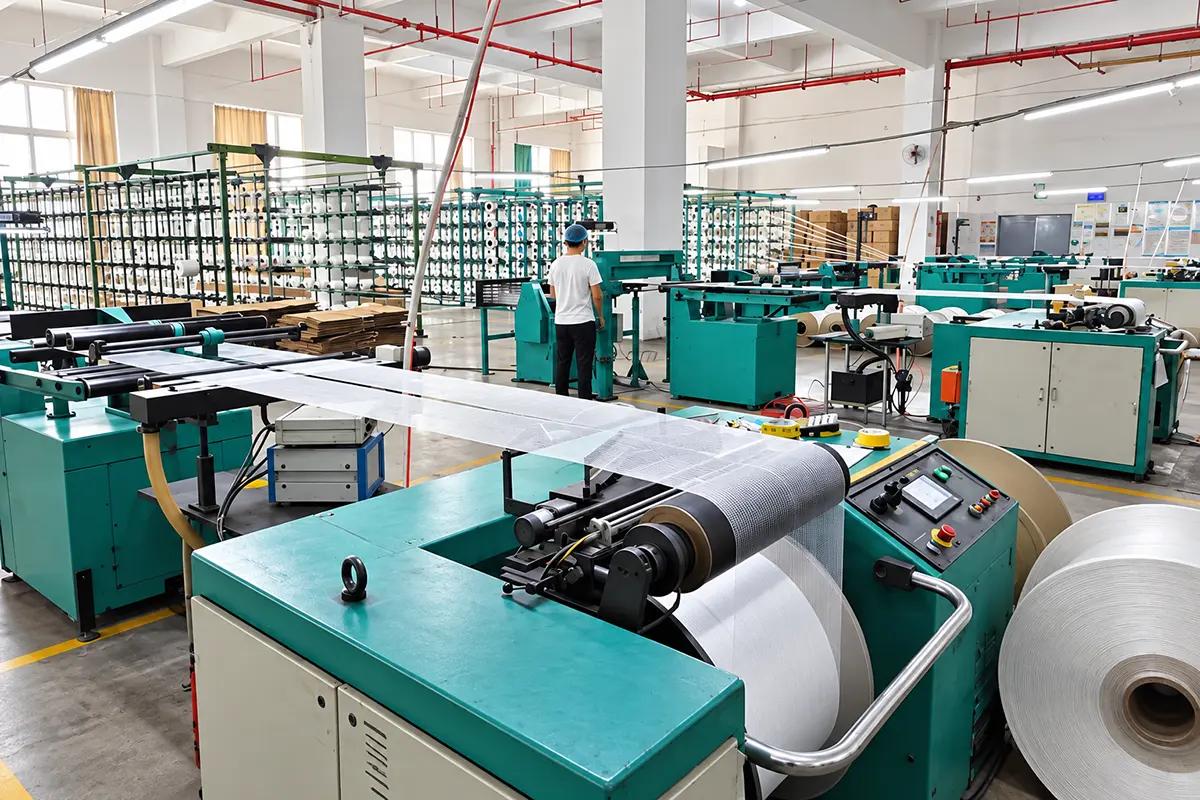 Yarn creels and fabric preparation equipment on the factory floor