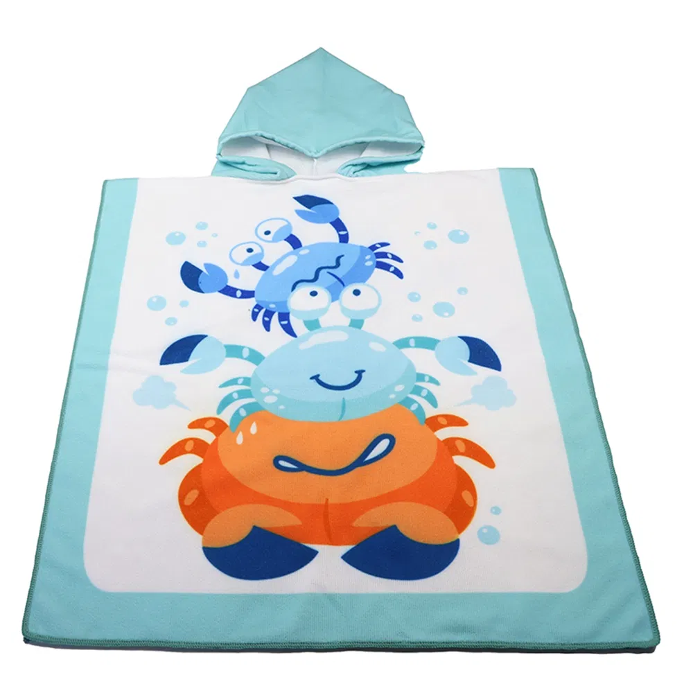 Aqua hooded beach towel with three cartoon crabs printed on the front, laid flat on a white background.