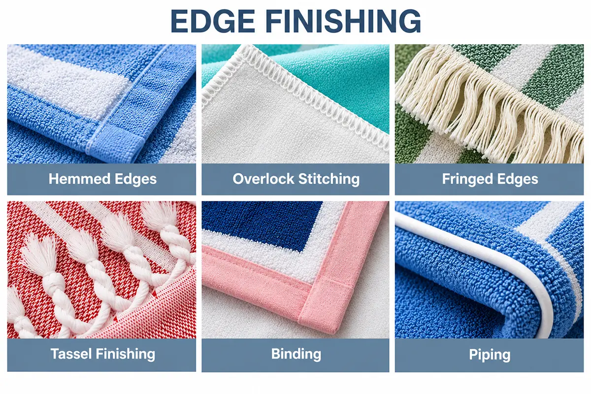 Six beach towel edge finishes: hemmed edges, overlock stitching, fringed edges, tassel finishing, binding and piping.