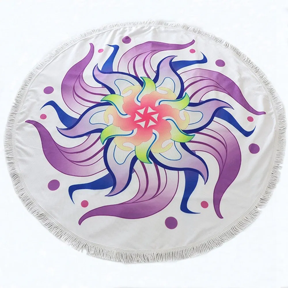 Round beach towel with a purple and blue swirling floral print, a multicolored center and white fringe.