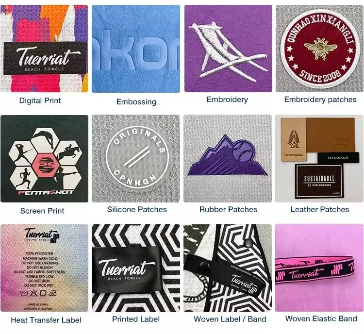 Custom towel branding examples showing printing, embossing, embroidery, patches, labels and woven bands.
