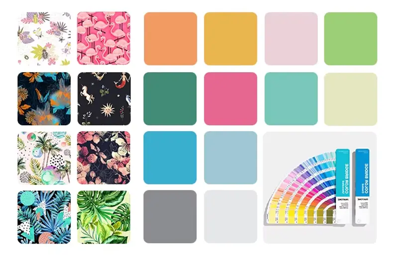 Towel design reference showing floral and tropical patterns, solid color swatches and a color guide fan.