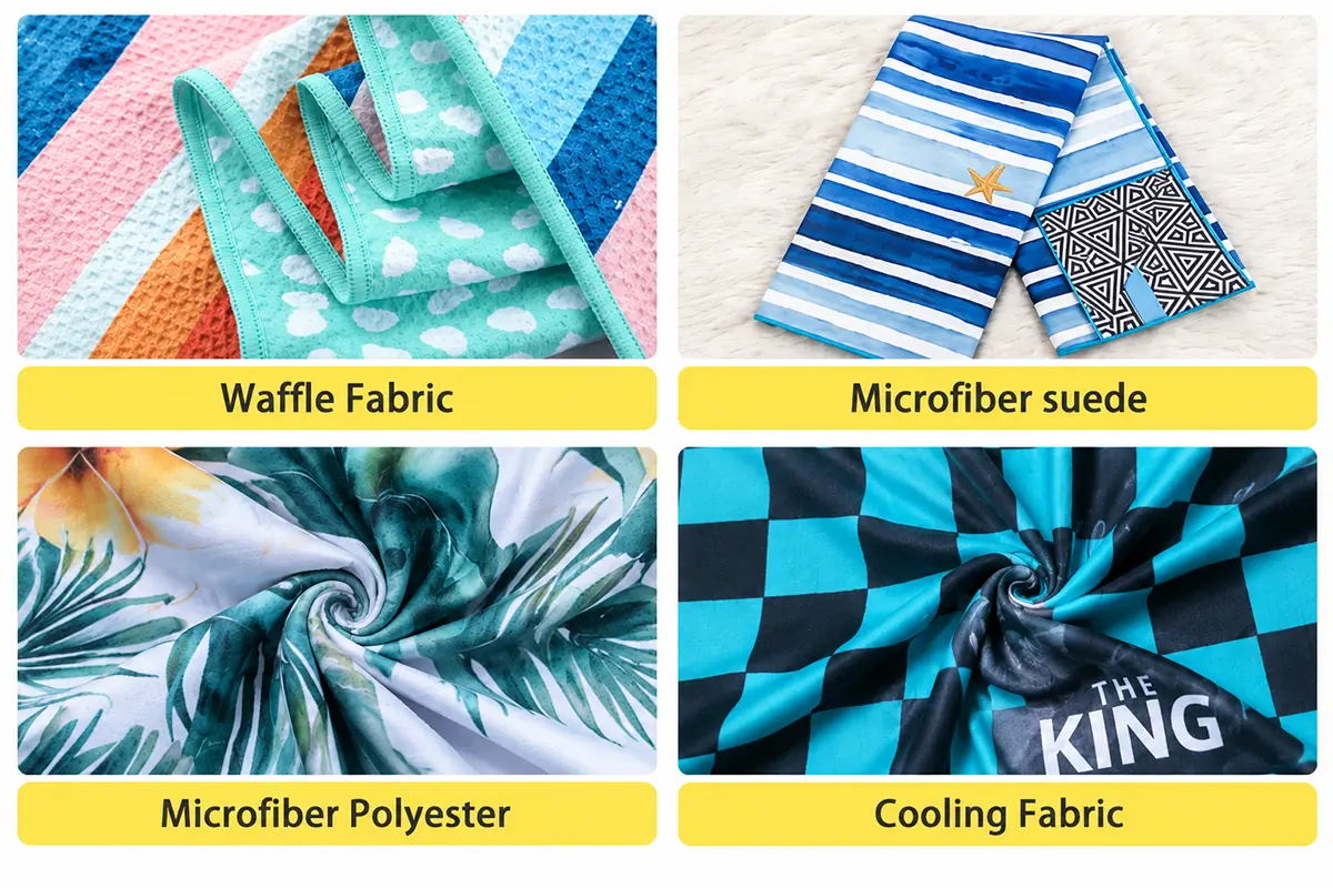 Four-panel guide showing waffle fabric, microfiber suede, microfiber polyester and cooling fabric.