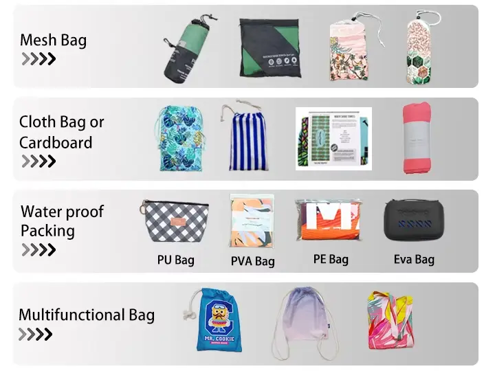 Custom beach towel packaging examples including mesh bags, cloth bags, paper wraps, protective pouches and drawstring carry bags.