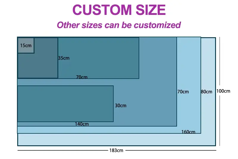 Towel size comparison diagram with a 100 × 183 cm outer rectangle, smaller rectangles labeled 15, 30, 35, 70, 80, 140 and 160 cm, and a note that other sizes can be customized.