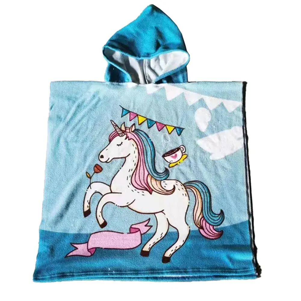 Blue hooded poncho towel with a white unicorn, a multicolored mane and tail, colorful bunting and a pink ribbon illustration.