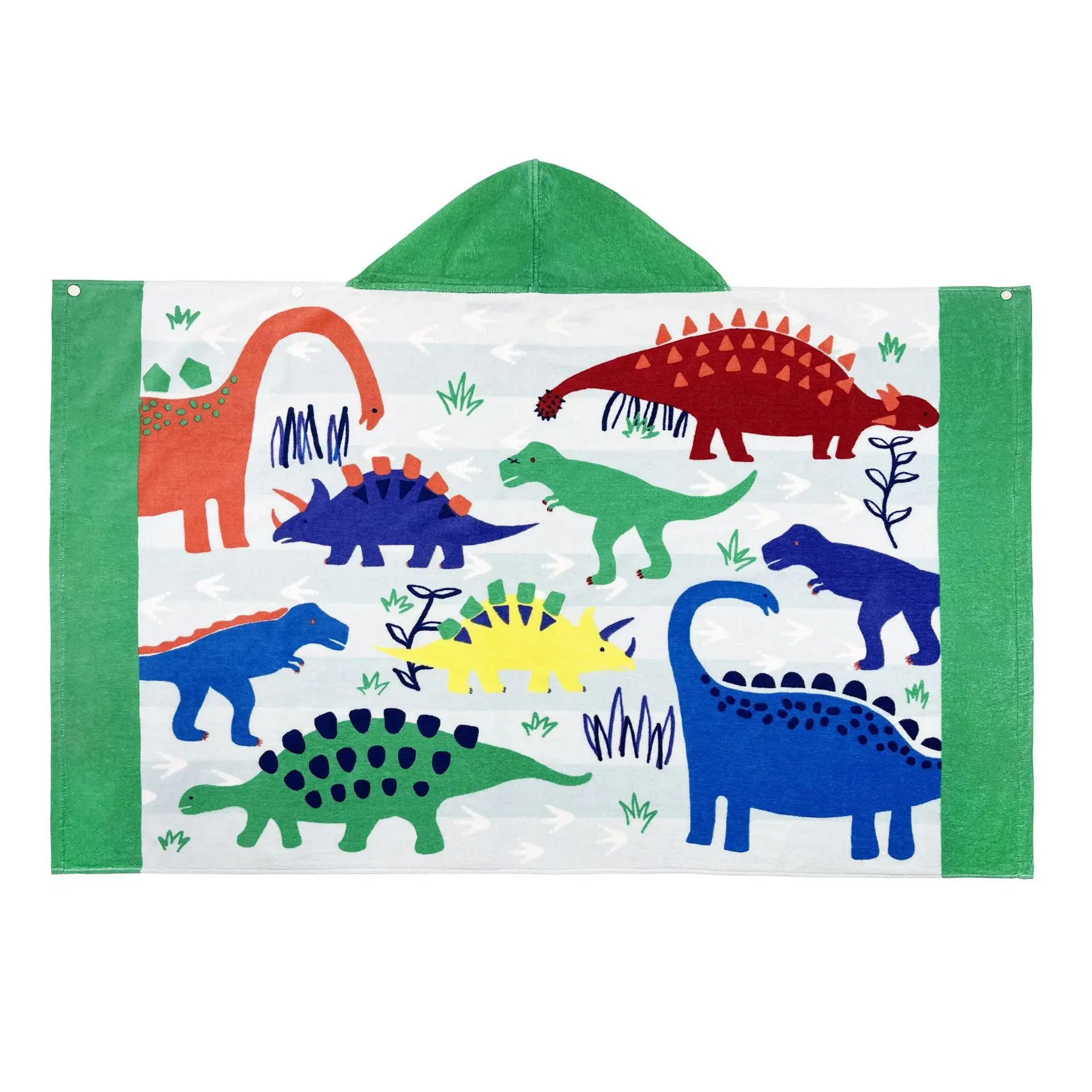 Children's hooded poncho towel laid open with a green hood and borders, colorful cartoon dinosaurs and white side snaps.