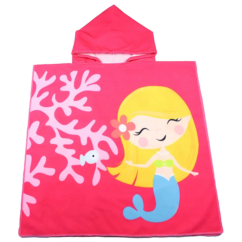 Pink hooded poncho towel with a blonde cartoon mermaid, a blue tail, pale coral branches and a small fish.