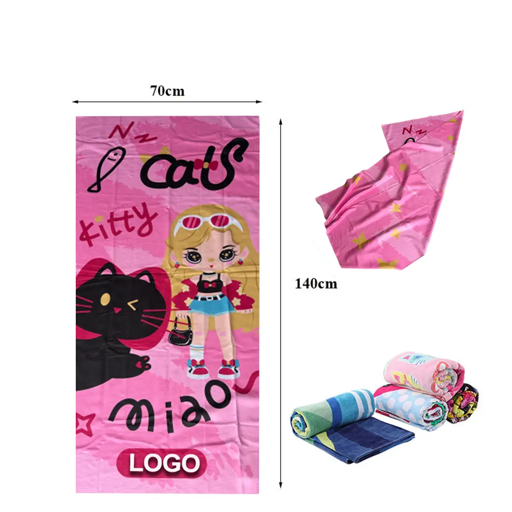 Pink illustrated beach towel design with 70 × 140 cm dimensions, a logo area, and folded and rolled towel examples.