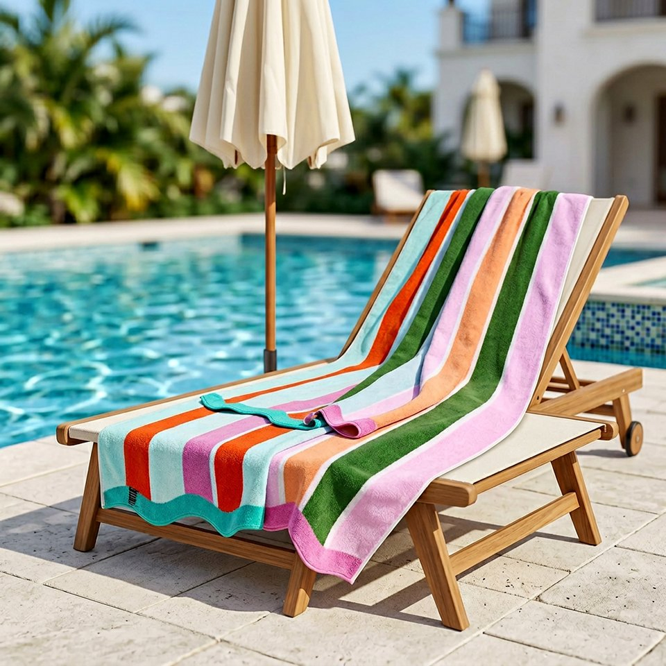 Multicolored striped towels draped over a wooden lounger beside a pool.