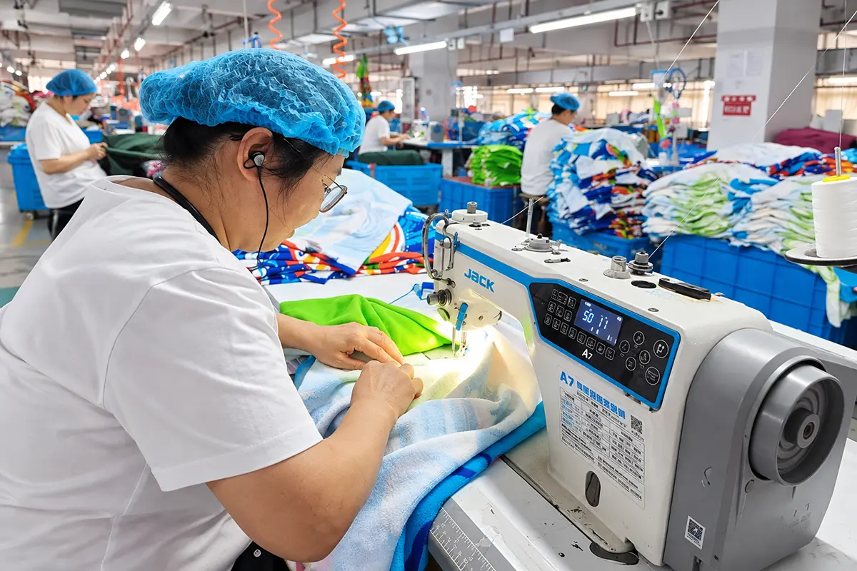 Workers sewing colorful towels at industrial sewing machines on a factory production line.